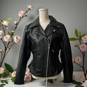 Viking Cycle Black Leather Motorcycle Jacket Womens Size M Biker Moto Zip Up
